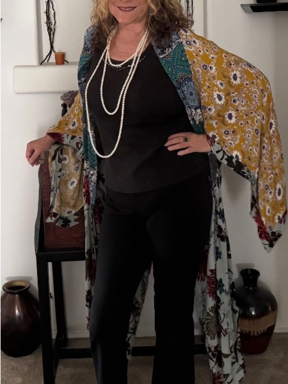 Source Unknown Multi-Print Floral Kimono — Mustard, Teal, Black